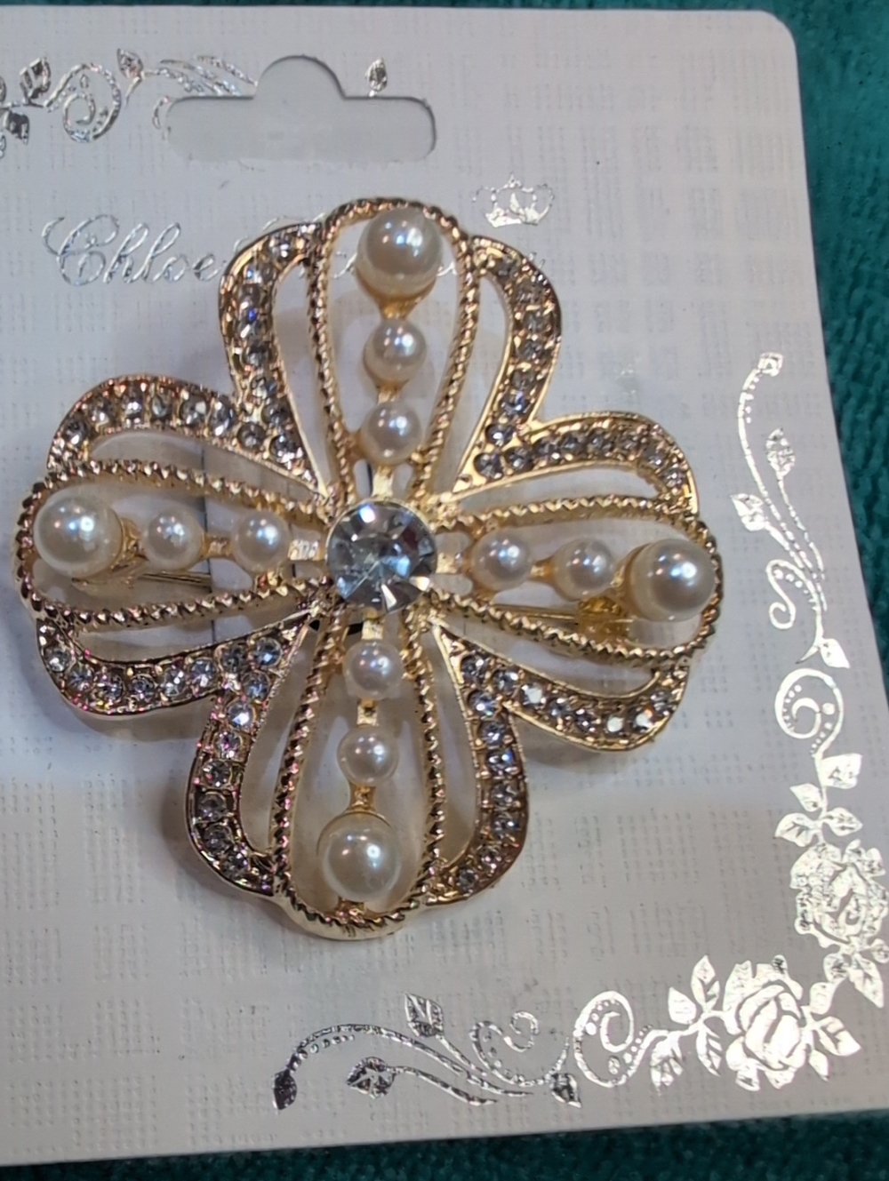 Chloe Gold Pearl & Crystal Flower Brooch